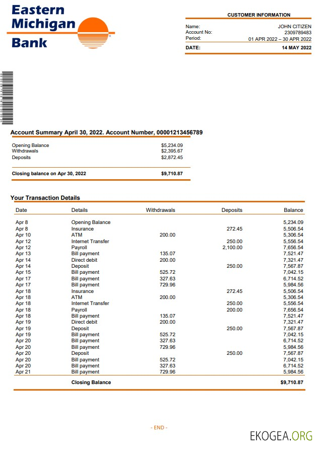 Relevé de la banque de l'est du Michigan aux États Unis